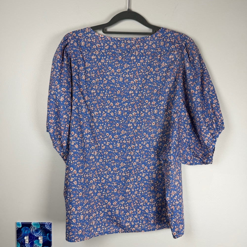 Madewell Floral Summer Vines Hermitage Blue Puff Sleeve VNeck Blouse Top Size XL - Picture 8 of 9